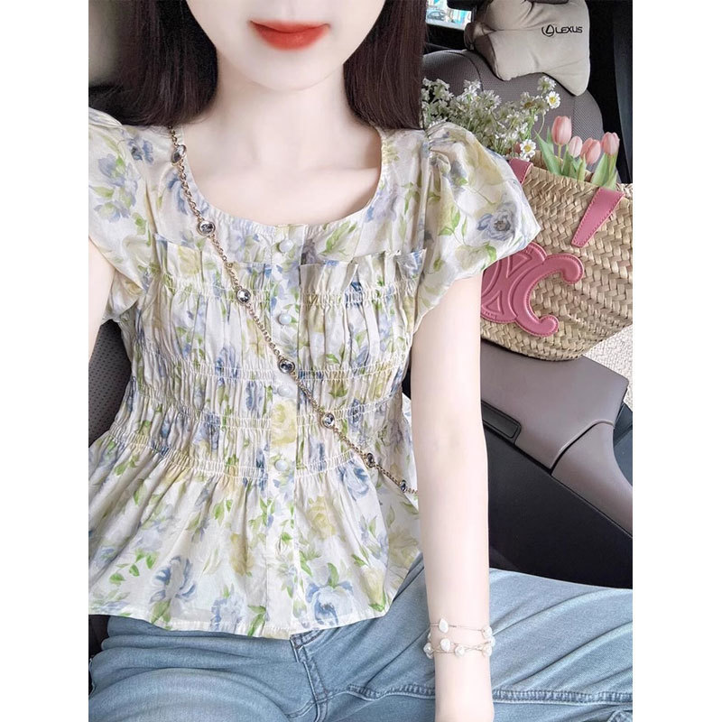 フランスの花柄シフォン半袖シャツ、女性用夏用シャツ、高級パフスリーブショートウエストベビードールシャツトップ|undefined