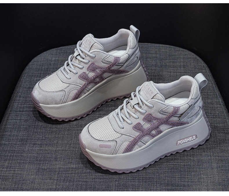 Giày sneaker nữ đế dày phong cách retro dành cho người dáng nhỏ, giày dad hot trend thu 2026, tăng chiều cao — M2933-1 màu xám đính kim cương, M2933 màu đen, M2933 màu nâu, M2933-1 màu đen đính kim cương chi tiết 25