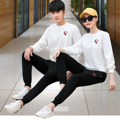 情侶款男白色拉鏈口袋運動套裝女賣萌品牌印花學生跑步服現貨批發