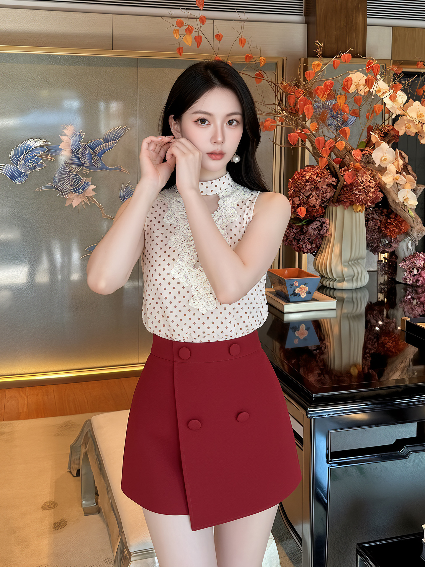 Bộ áo vest và chân váy ngắn họa tiết chấm bi phong cách tân cổ điển mùa hè — Trang phục [Vest+Half Dress], nửa váy, Trang phục [Áo vest+quần short], quần đùi
