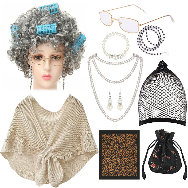 Amazon Hot Granny Wig Halloween Prom Show Dress Up cos Grandpa Granny Suit Hair