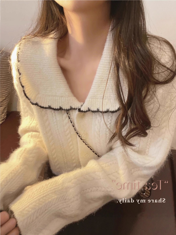新款秋冬女娃娃领甜美软糯羊毛衫慵懒风宽松学院风羊绒针织开衫|undefined