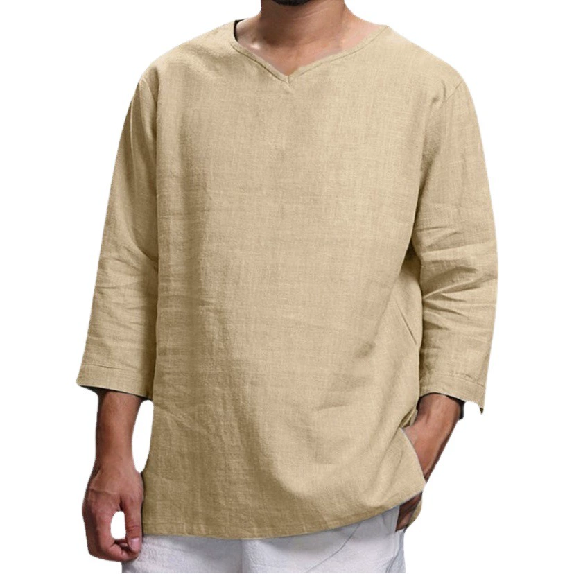 В наличии: Новинка 2026 года для AliExpress, Wish, Amazon – мужская свободная рубашка с длинным рукавом и V-образным вырезом из хлопка и льна.