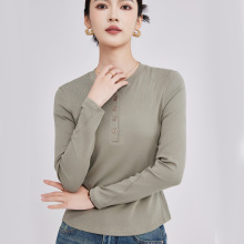 秋冬新款长袖亨利领T恤女纯色简约圆领打底衫棉百搭卫衣宽松上衣