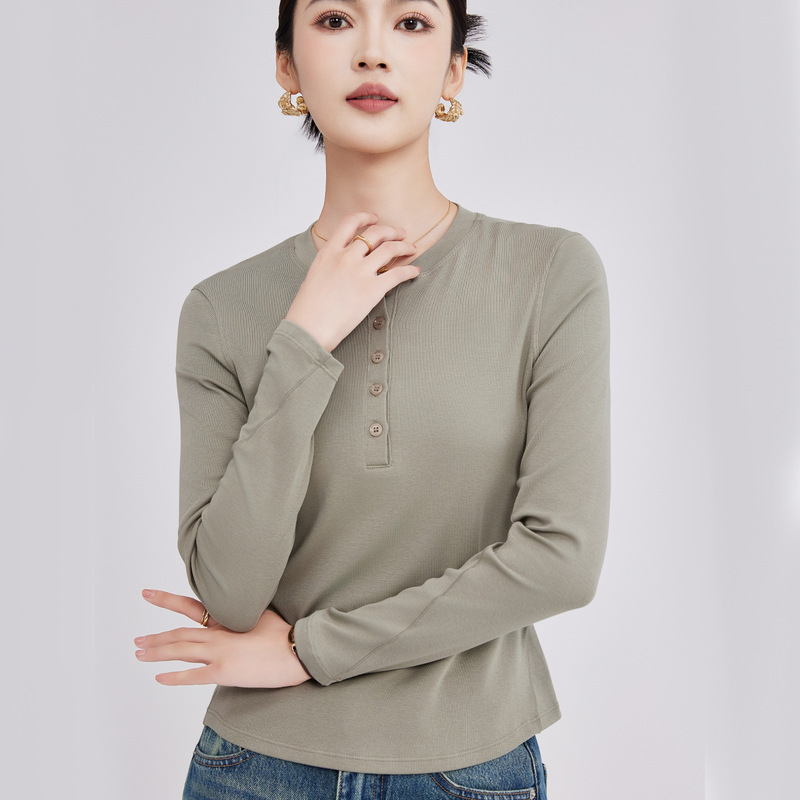 Autumn and Winter New Long-Sleeved Henry Collar T-Shirt Women's Pure Color Simple Round Neck Bottoming Shirt Cotton Versatile Sweatshirt Loose Top