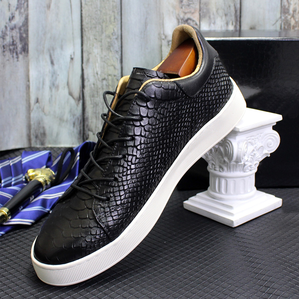 shoes for men Lace up crocodile pattern embossed flat soled casual leather shoes for men Genuine leather comfortable men's shoes_voghion.com