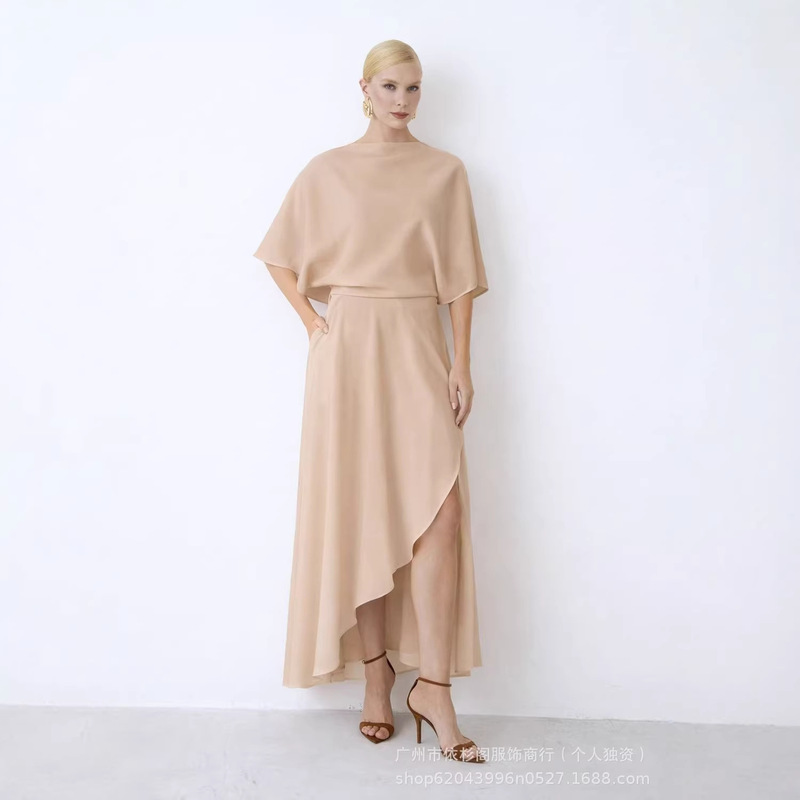 2026 European and American Amazon New Women's Satin Solid Color Round Neck Slit Dress