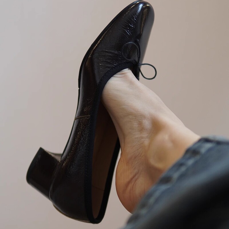 Leather Thick Heel Bow French Romantic Shoes for Street Ballet Shoes High Heels