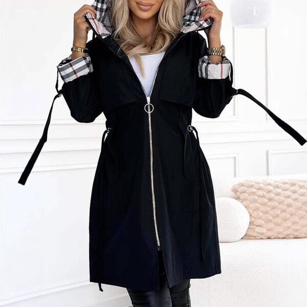 2024 Cross-Border Autumn and Winter Temu New European and American Independent Station Hooded Plaid Printed Casual Long Windbreaker Jacket