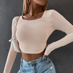 (Cross-border trading), summer short sexy knitted sweater, long-sleeve, 2023, European style, tight, square neckline