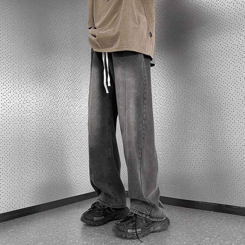 Men's Loose Straight Leg Jeans Style High Street Retro Washed Design Casual Wide Leg Pants Spring Autumn_mkmklike.com