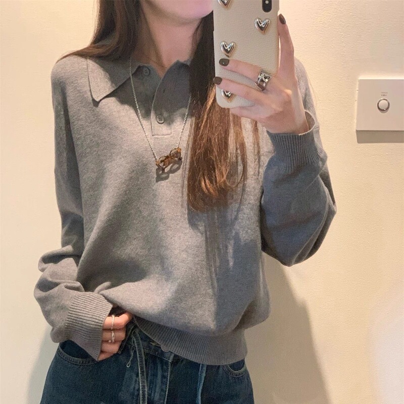 Sweater Base Shirt Women's Polo Collar Top 2025 New Thin Style Long-Sleeved Korean Style Lapel Knitwear