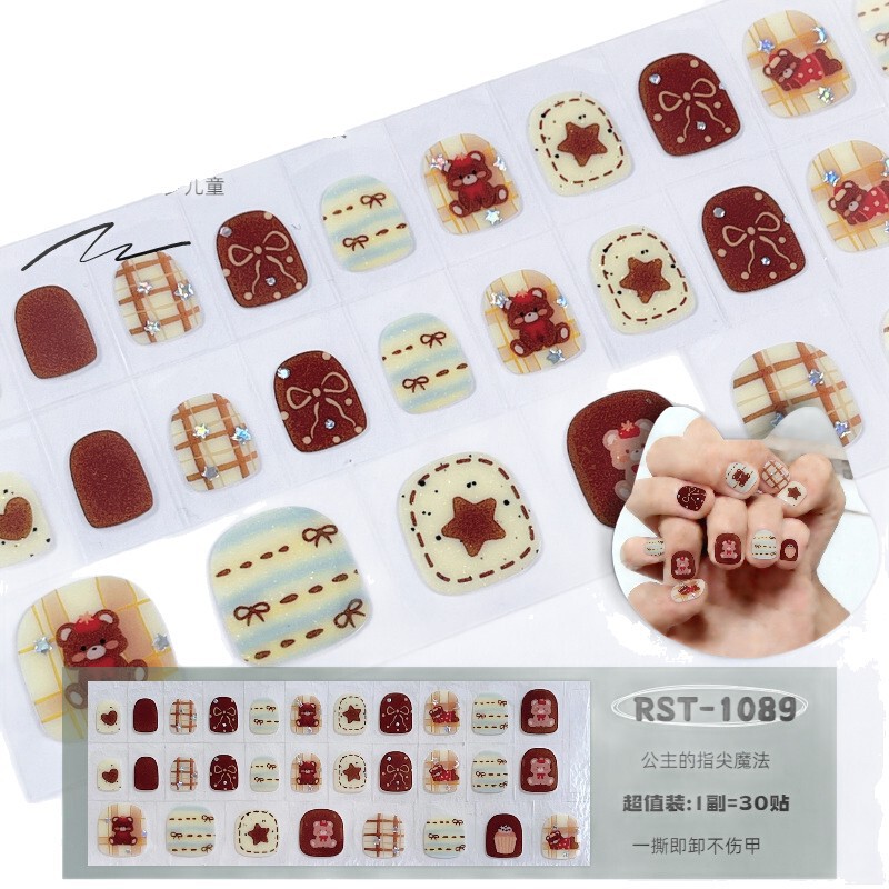 Cross-Border 30-Piece Children's Nail Stickers Cute Christmas Dessert Cartoon Bear Nail Stickers Wholesale for Little Girls