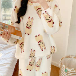 批发货源 冬季新款毛毛睡衣女韩系卡通家居服套装