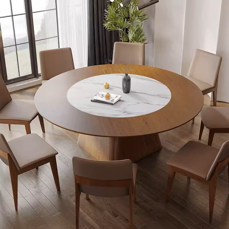 1.8 meters round table 12 people with solid wood walnut ribbon embedded turntable round table Chinese large round table
