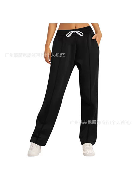 Women's Casual Solid Color Elastic Waist Pocket High-Waisted Loose Wide-Leg Sweatpants European and American Style Casual Straight-Leg Pants
