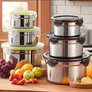 Cross-Border Stainless Steel Crisper Food Storage Box Refrigerator Sealed Box Fruit Lunch Box Lunch Box Korean Three-Piece Set