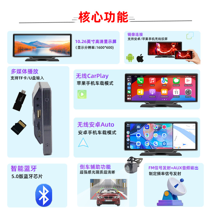 10.26inch Portable Screen Car Mp5 Player Wireless Carplay Car Central Control Large Screen Reversing Image