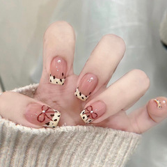 小紅書甜酷豹紋蝴蝶結ins顯白短款成品可拆卸美甲法式辣妹