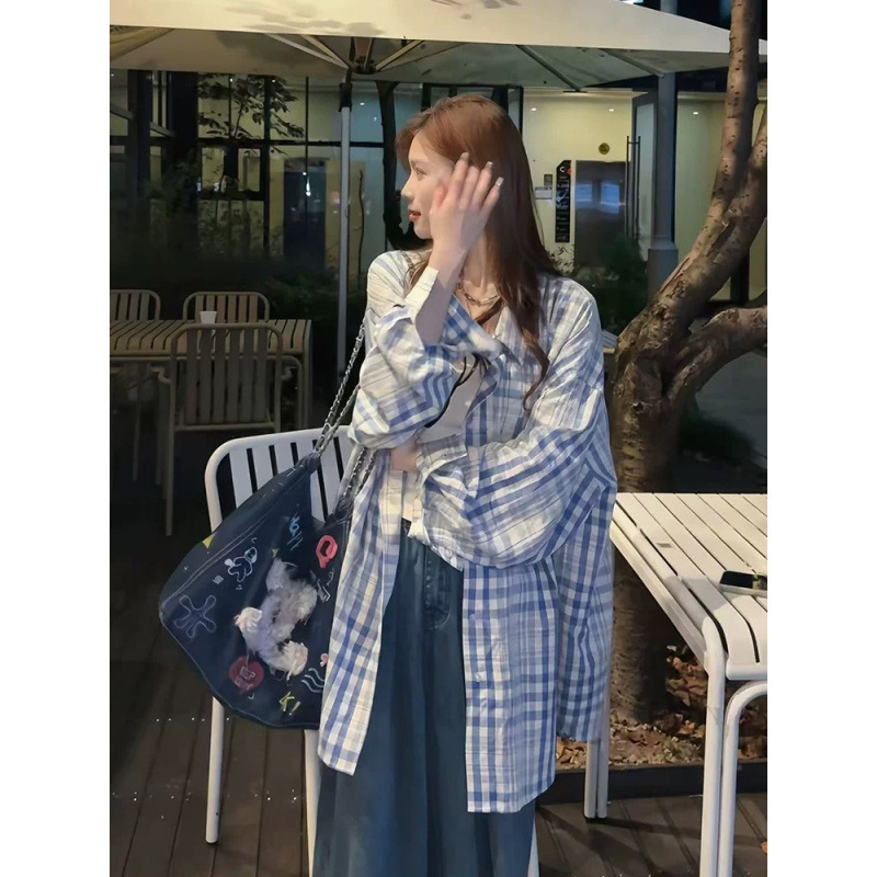 高个慵懒周末 大版阔型设计感格纹衬衫慵懒宽松开衫格子长袖+马甲|undefined