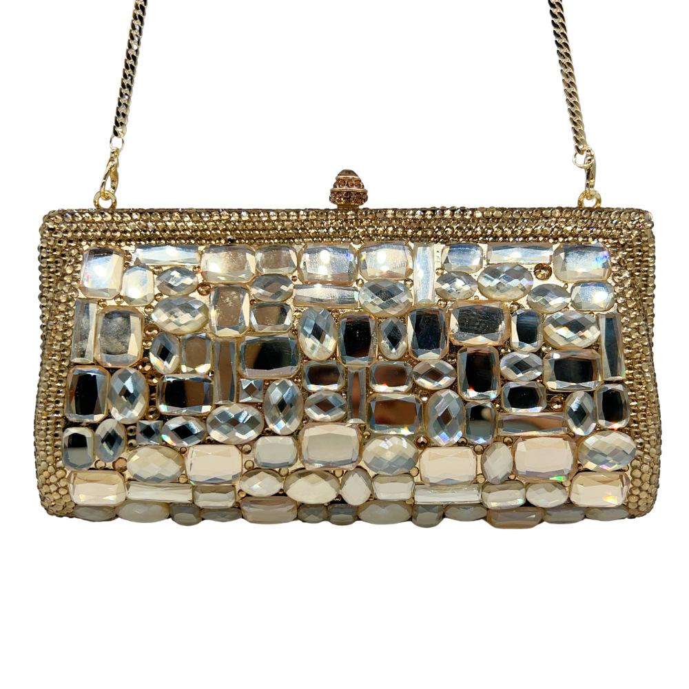 Túi clutch nữ đính đá kim cương handmade đáy kính xách tay dự tiệc — vàng, bạc, màu tím đậm, màu xanh đậm