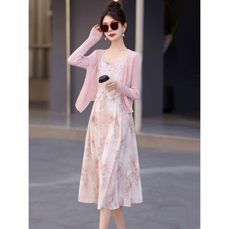 Платье на подтяжках с французским цветочным принтом, комплект из двух предметов для женщин, летний новый стиль, утягивающий талию, супер сказочный темпераментный кардиган, костюм, юбка