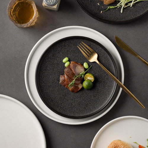 White quicksand plate, steak plate, Western food plate, black frosted flat plate, hotel restaurant creative dish plate with special features