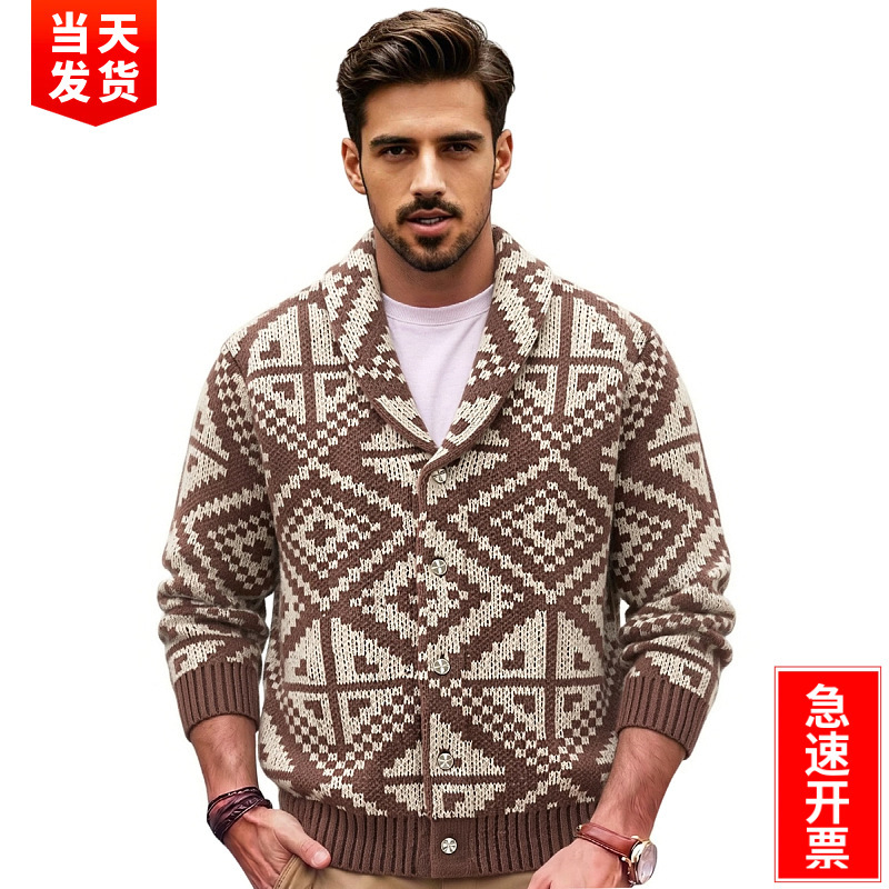 Cross-Border Men's Clothing American-Style Geometric Jacquard Knit Sweater Jacket Western Ethnic Style Thickened Cardigan Sweater for Men Sj0077