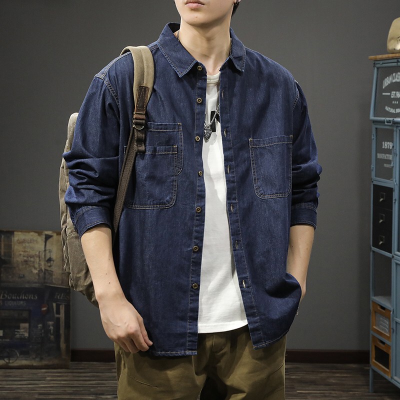 Spring American Retro Workwear Men's Denim Shirt New Fashion Brand Casual Shirt Pure Cotton Lapel Jacket Jacket