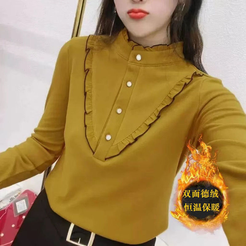 Threaded Velvet Shirt Large Size Half Turtleneck Long-Sleeved T-Shirt for Women Spring & Fall Middle-Aged Mother Mid-Collar Bottoming Shirt Top