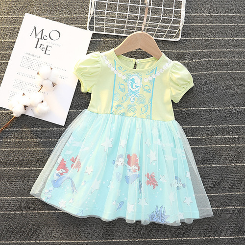  Xia Xin ins style Frozen Princess Dress Short Sleeve Mesh Dress Cute Girls Christmas Dress