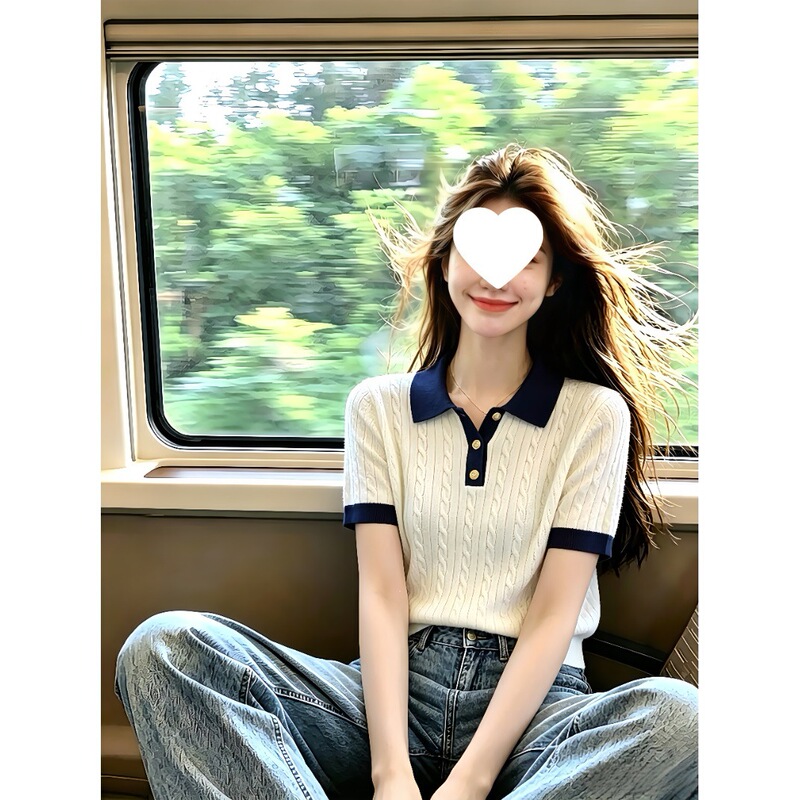 40100kg Large Size Women's Clothing Sxxxl Korean Style College Style Turn-Down Collar Contrast Color Knitted Short-Sleeved T-Shirt for Women
