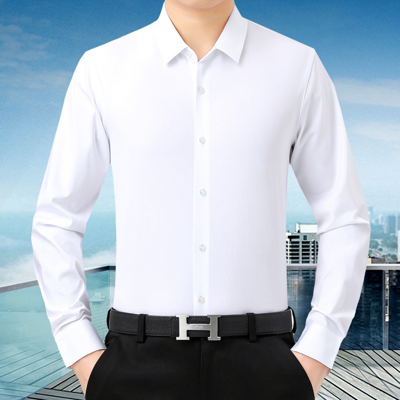 专柜品牌弹力上班衬衫男2025春秋中年男高级感桑蚕丝免烫长袖衬衫