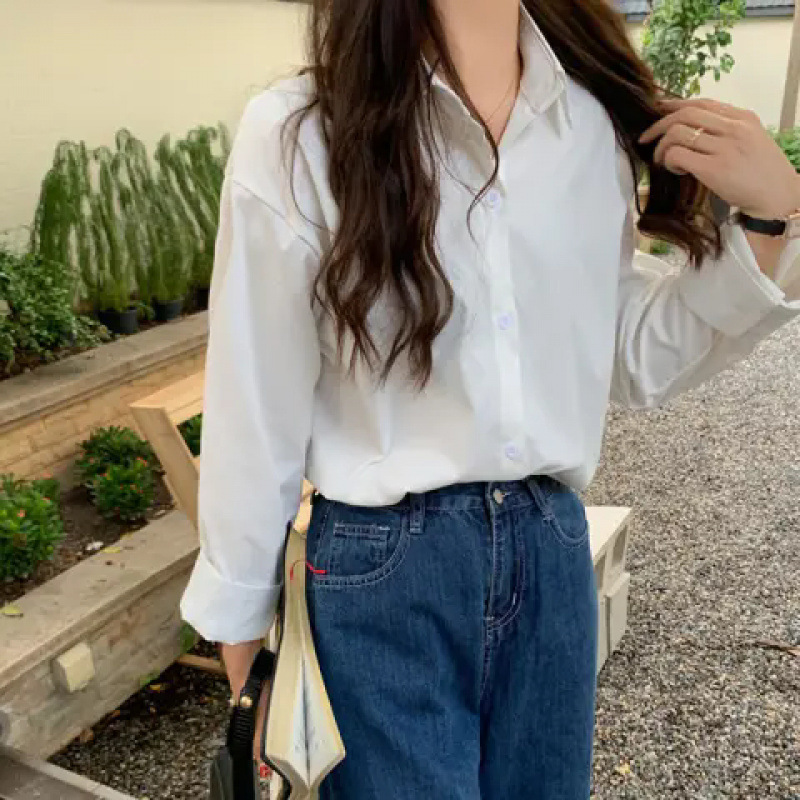 (2개) 시원한 실크 코튼 유니폼 셔츠 봄, 여름, 가을, 겨울 여성용 흰색 긴팔 학생 셔츠 탑