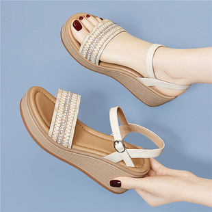 Thick-Soled Platform Wedge Sandals for Women 2025 Summer New Fairy Style One-Line Sequined Roman Sandals Thick-Soled Shoes