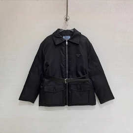 南油高端女装2025秋冬Prad新款皮腰带收腰外套翻领黑色鹅绒羽绒服