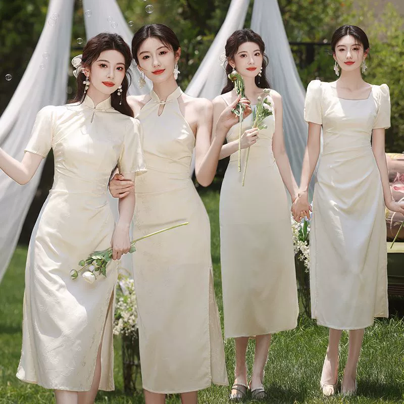 Шампань атласное платье для подружек невесты 2024 новое летнее китайское платье для сестер и групп, повседневное для женщин