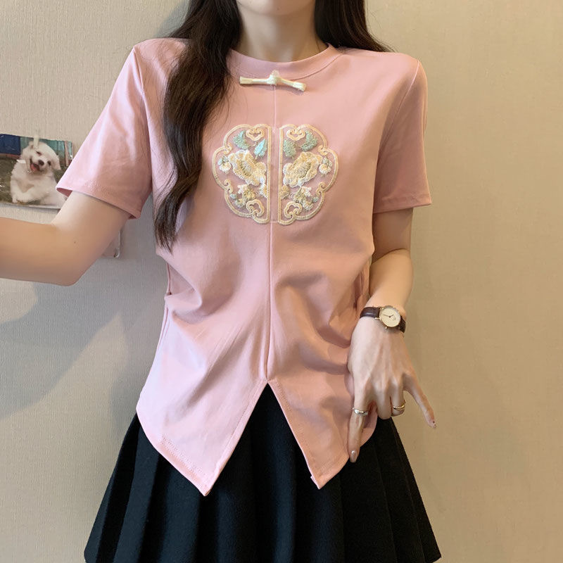 2024 Summer Embroidered Split Short Sleeve Design T-shirt New Chinese style High end Bottom Top_voghion.com