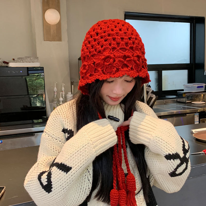 新款秋冬钩花包头帽子女麦穗流苏针织帽时尚文艺套头帽潮流毛线帽|undefined