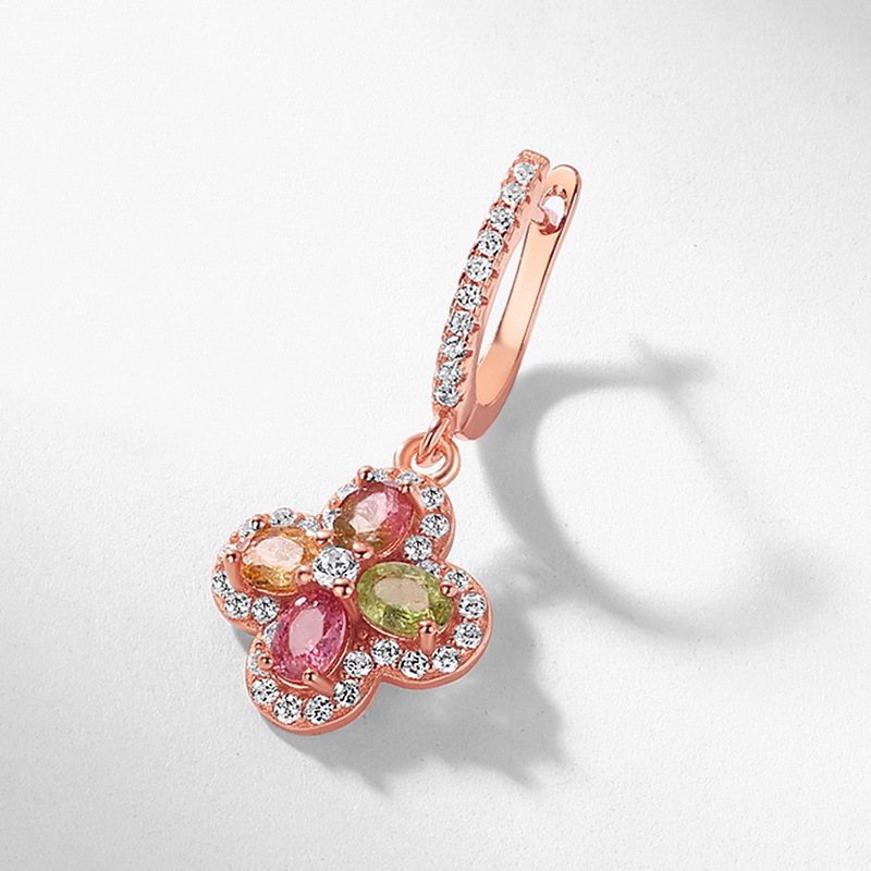 Pendientes de turmalina natural de trébol de cuatro hojas de la suerte fresca de verano S925 Pendientes de oro de 10K chapado en plata, lujo ligero europeo y americano