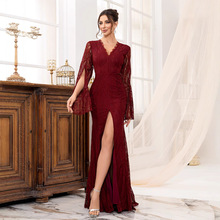 跨境晚礼服新款高贵性感修身鱼尾长款宴会连衣裙女酒红色伴娘礼服
