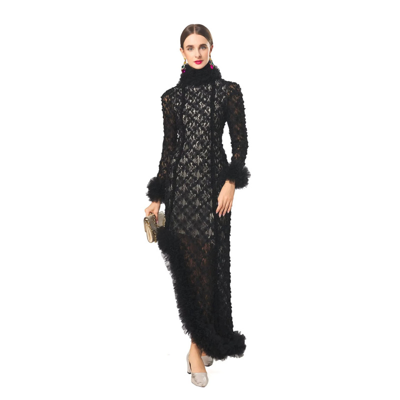 Luxurious evening gown for women, new autumn style, with three-dimensional lace and plush splicing, high slit, elegant floor-length dress Luxurious evening gown for women, new autumn style, with three-dimensional lace and plush splicing, high slit, elegant floor-length dress