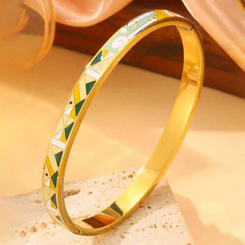 Brazalete de acero de titanio de moda europea y americana, esmalte de color de mujer, patrón de goteo de aceite, tendencia de acero de titanio, brazalete de joyería no se desvanece