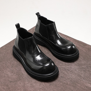 British Retro Round Toe Chelsea Boots Men's Cowhide Casual High-top Leather Shoes Fashionable Big Toe Short Boots Warm fleece-lined