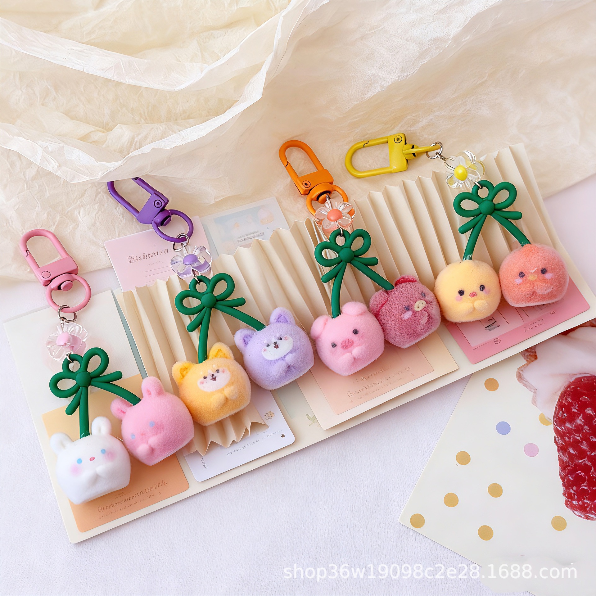 Cartoon Flocked 3D Keychain, Realistic Cherry Multi-Color Phone Chain, Cute and Sweet Bunny Girl Bag Pendant