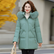 专柜冬季女装羽绒服中长款简约白鸭绒休闲连帽时髦宽松妈妈外套女