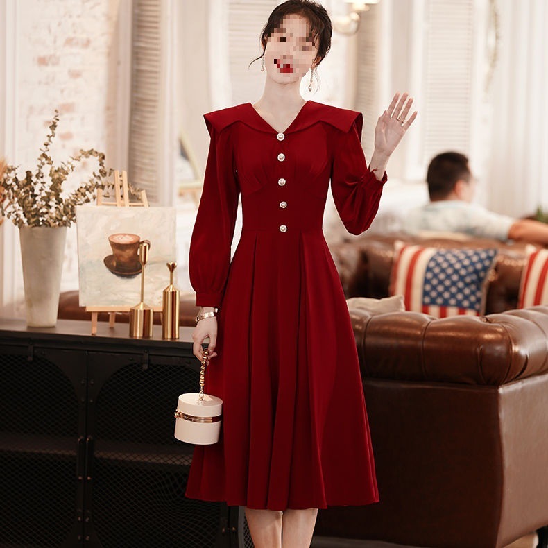 中长款女宴会订婚礼服连衣裙回门新娘长袖敬酒服结婚秋季红色裙子|undefined