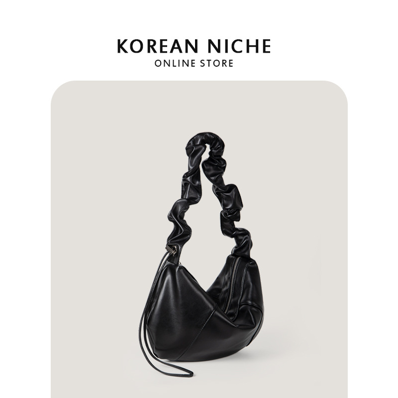 koreansk nichedesign til kvinder, plisseret blødt læder med snøre, luksuriøs følelse, håndtaske med stor kapacitet_voghion.com