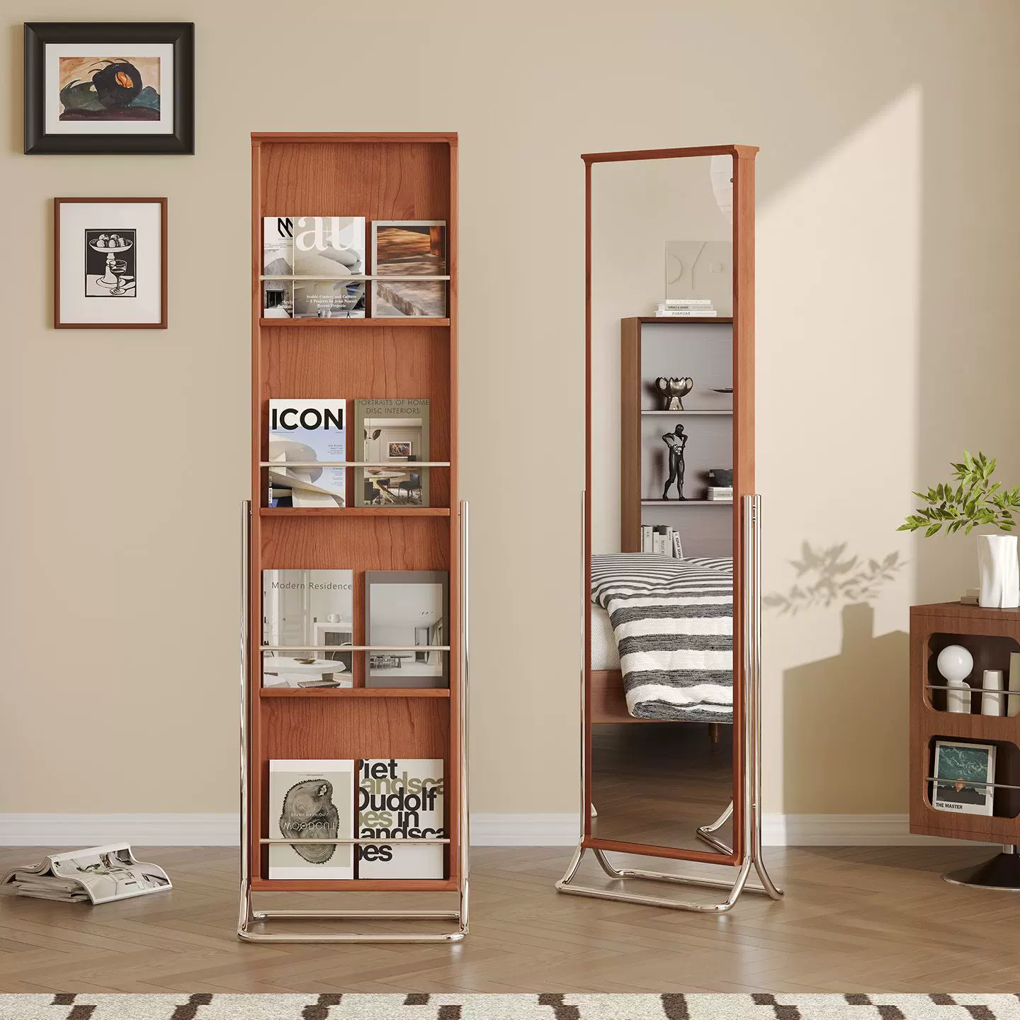 中古复古实木杂志架全身镜落地穿衣镜收纳展示卧室家用可移动镜子