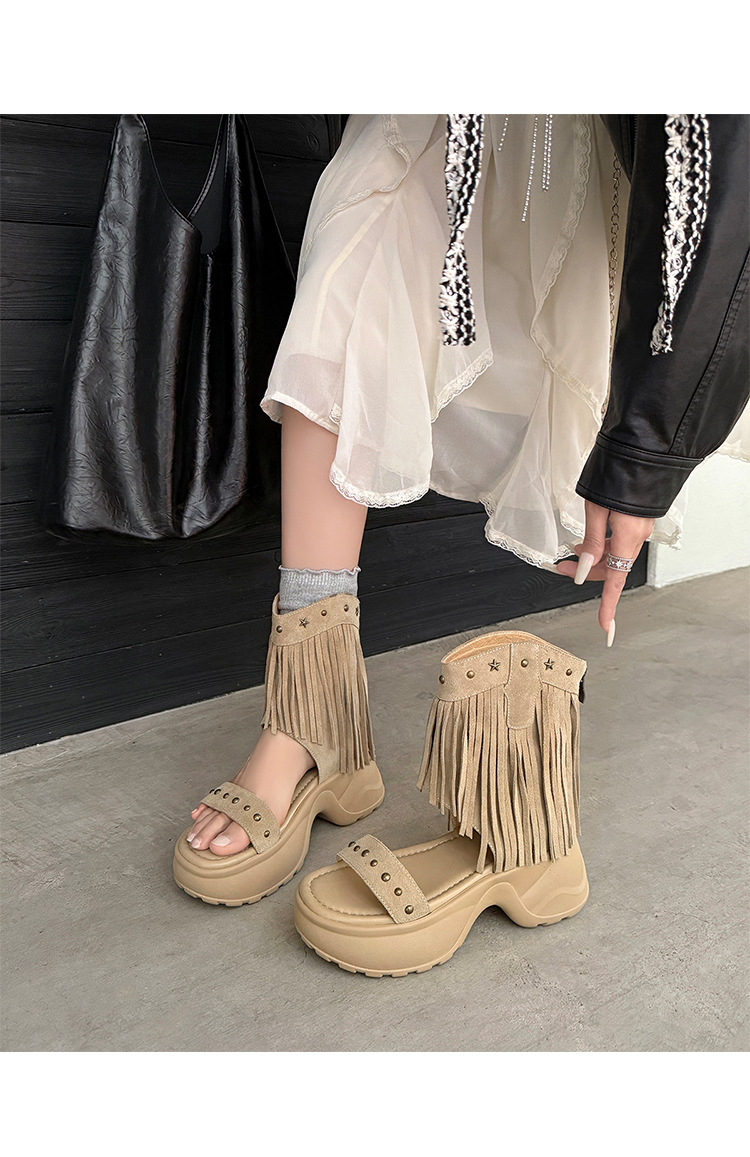 Boot nữ cổ thấp đế xuồng cao gót 9 cm, mũi hở phong cách phương Tây, tua rua đinh tán — Màu caramel, màu mơ chi tiết 20